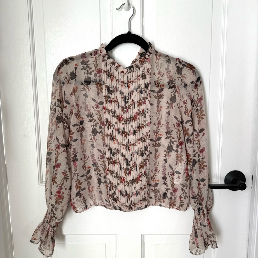 Zara Pink Ruffled Smocked Blouse with Mandarin Collar